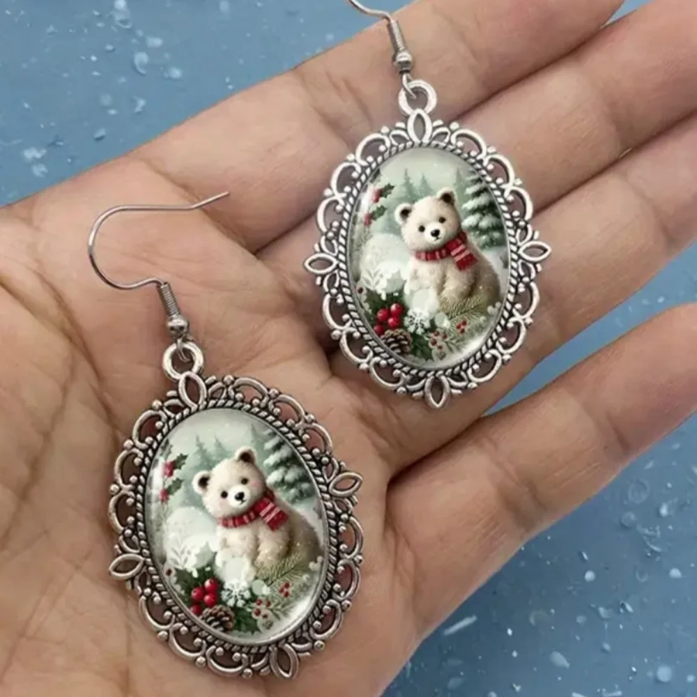 Silver Bear Victorian‎ Animal Print Christmas Holiday Winter Festive Earrings